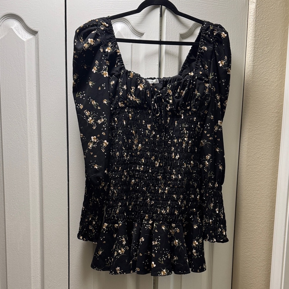 W.A.P.G. Puff Sleeve Floral Dress - BLACK / L